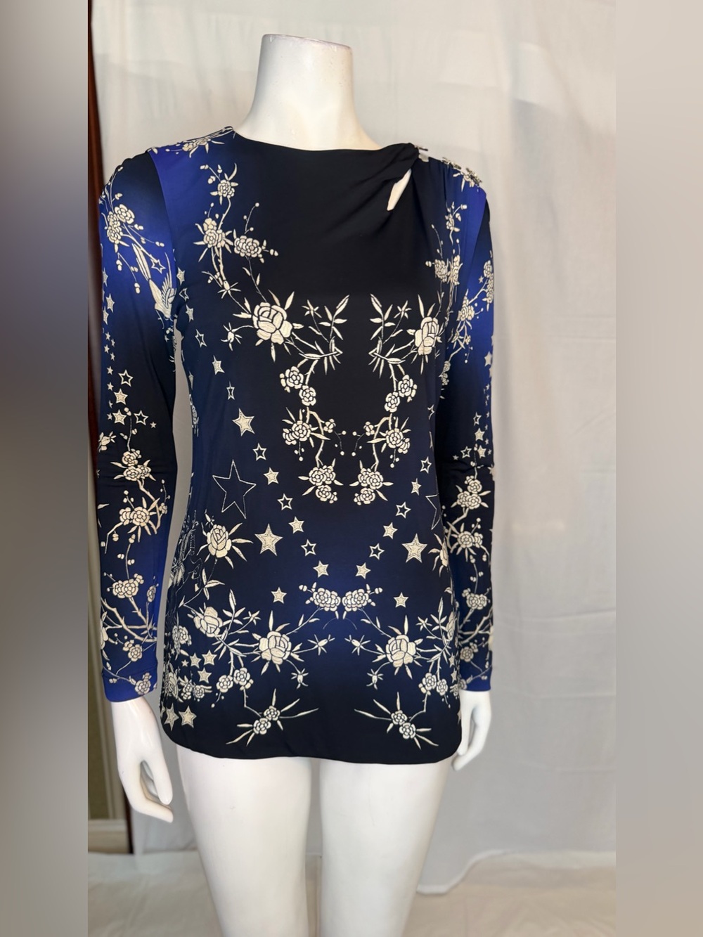 Roberto Cavalli Navy and White Long-Sleeve Floral Star Dress